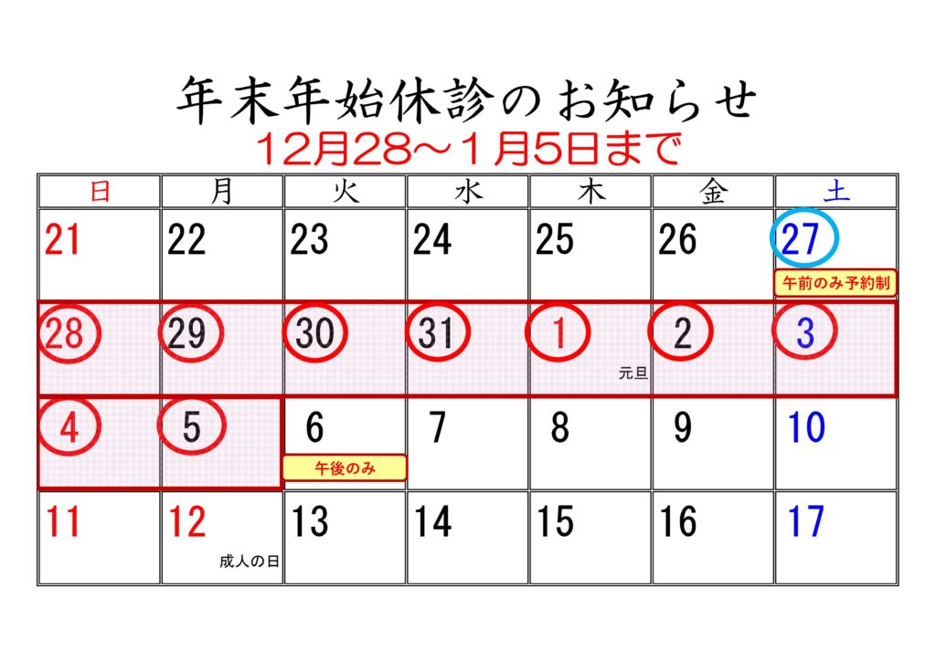 あいのきちりょういん　年末年始カレンダー